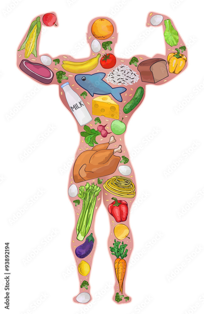 Athlete, healthy man, food. Diet. Vector illustration