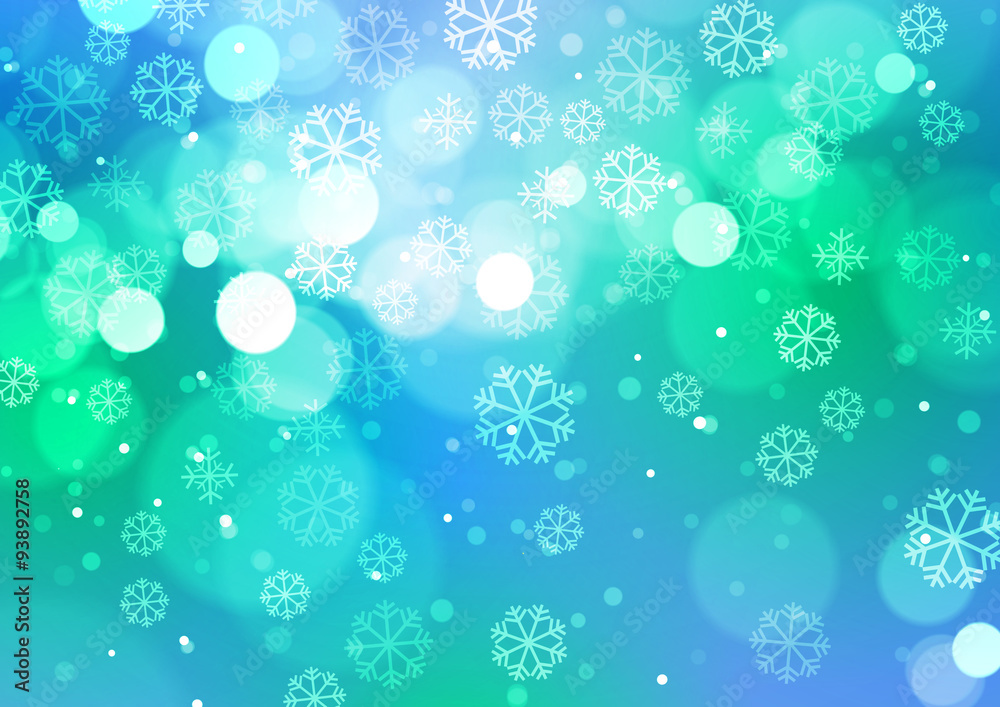Abstract Bokeh Lights with Snowflakes on Blue Background