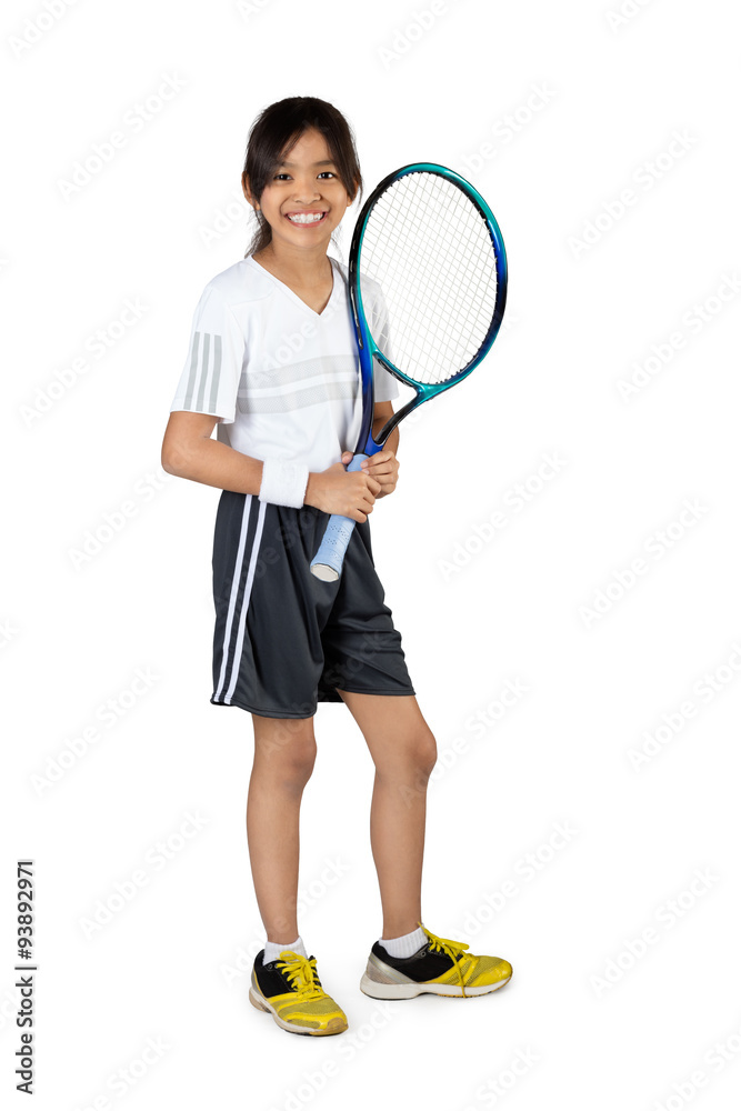 Little asian girl holding tennis racket, Isolated over white