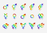 Gender identity icon set. Bisexual, female, gay, hetero, intersex, lesbian, male, non-binary, transgender, homosexual, transsexual, asexual symbol. Sticker with watercolor effect. Vector illustration.