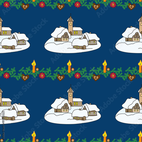 Christmas seamless with winter village and candle on blue