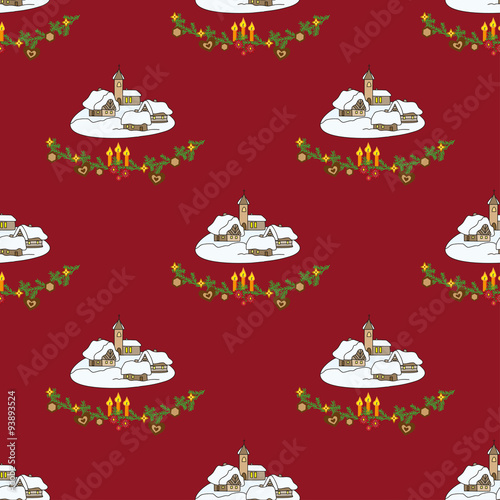 Christmas seamless with winter village on red