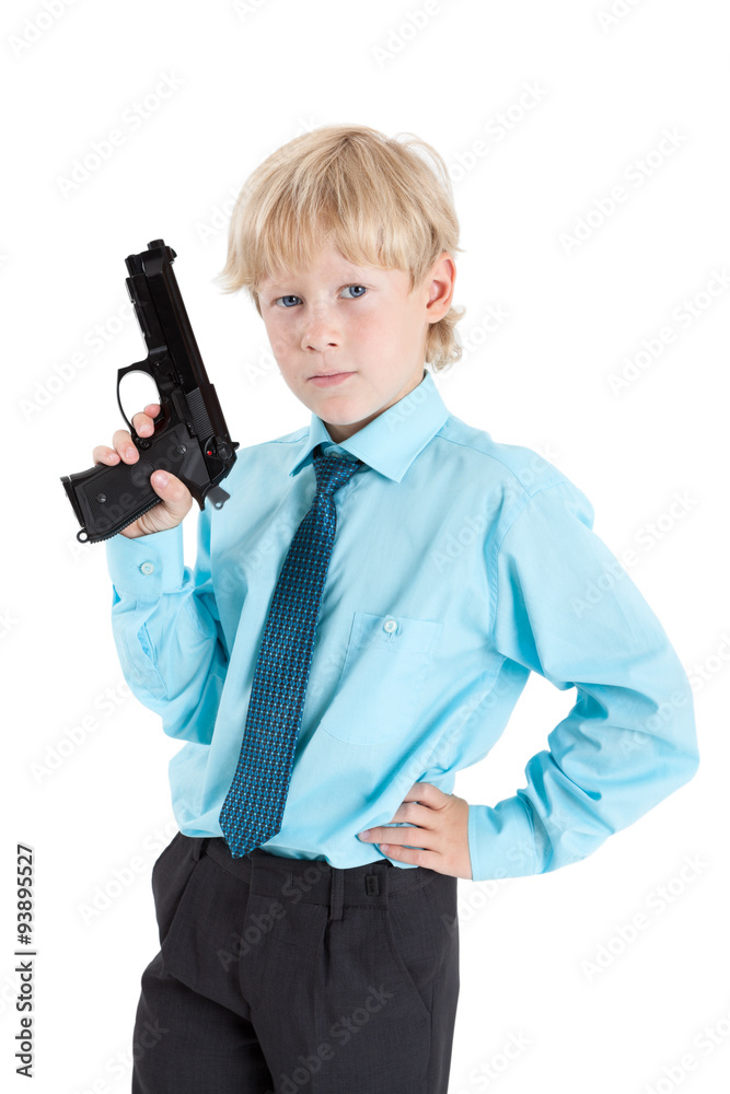 Caucasian boy holding black gun and looking at camera, isolated on white  background Stock Photo | Adobe Stock