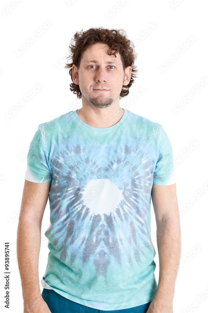 Handsome Caucasian man with curly hair and blue eyes, wearing in t-shirt, isolated on white background Handsome Caucasian man with curly hair and blue eyes, wearing in t-shirt, isolated on white background