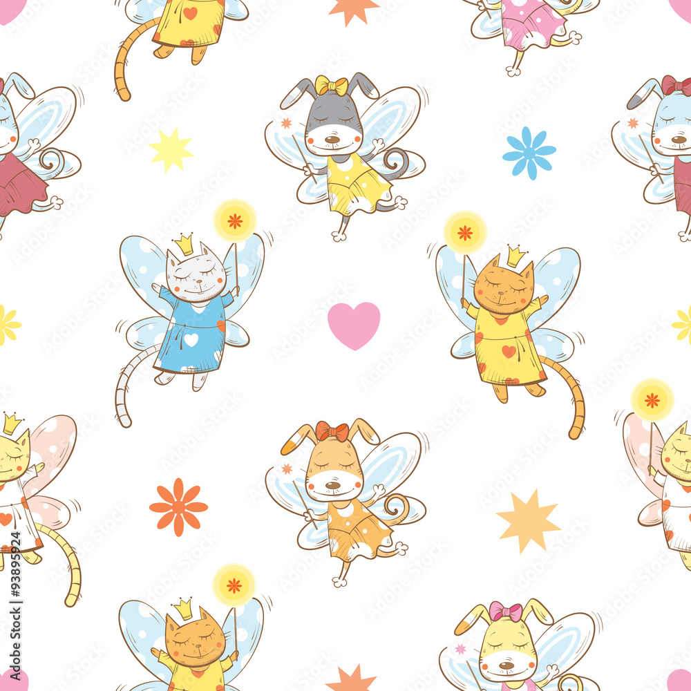 Vector seamless pattern with fairies cats and  dogs  on a white  background.