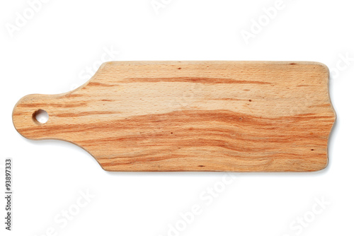 Empty kitchen cutting board with space for text on white background, top view
