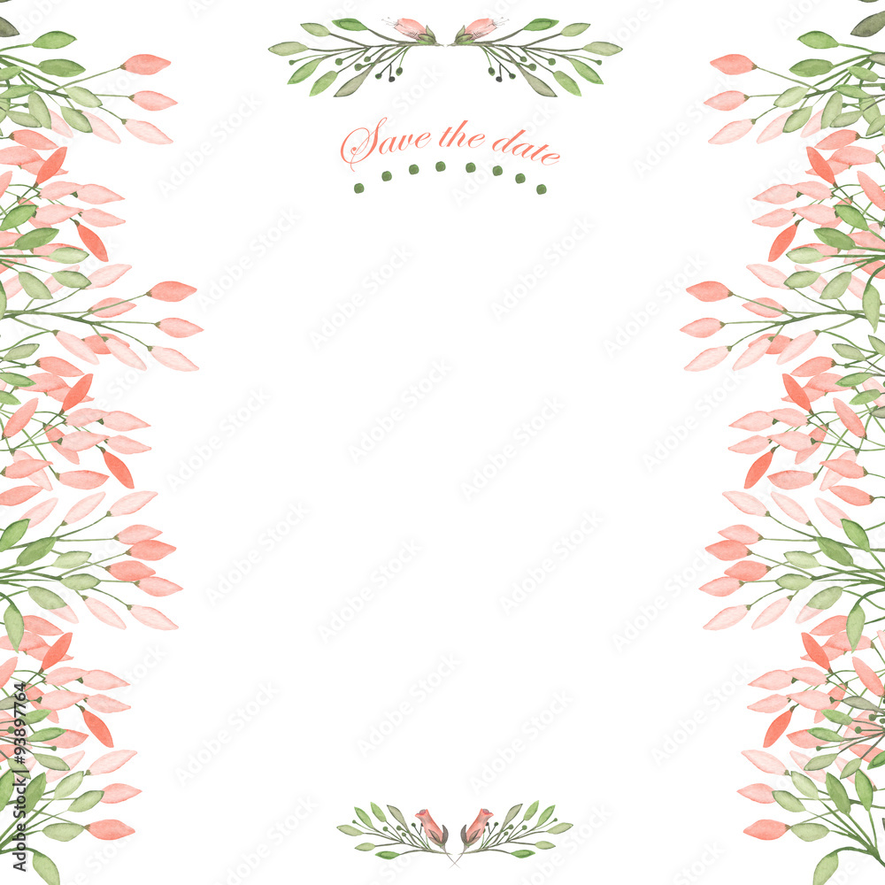 Frame border, floral decorative ornament with watercolor flowers, leaves and branches painted in watercolor on a white background for greeting card, decoration postcard or wedding invitation