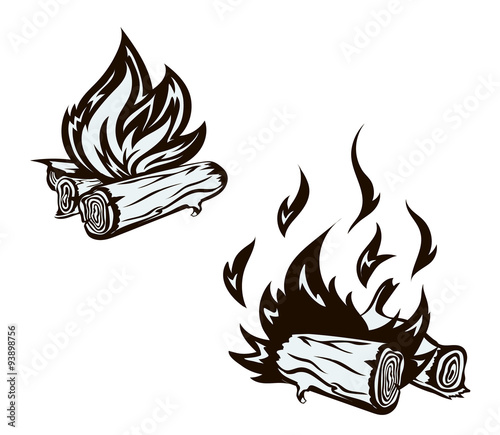 Vector poster with hand drawn bonfire set. Flame and firewood