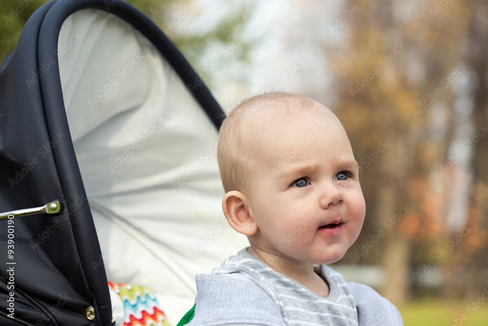 A funny little baby boy in a in a baby carriage in park A funny little baby boy in a in a baby carriage in park