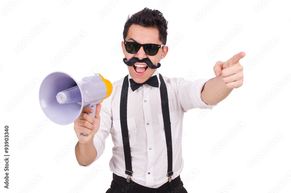 Emotional man with loudspeaker isolated on white Emotional man with loudspeaker isolated on white