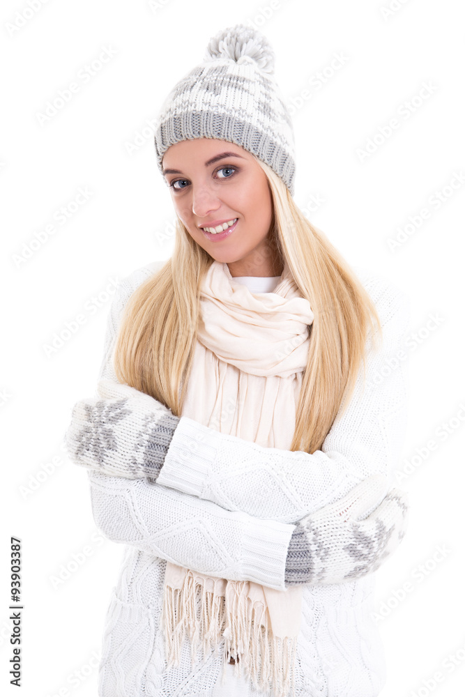 portrait of young cute beautiful woman in winter clothes isolate