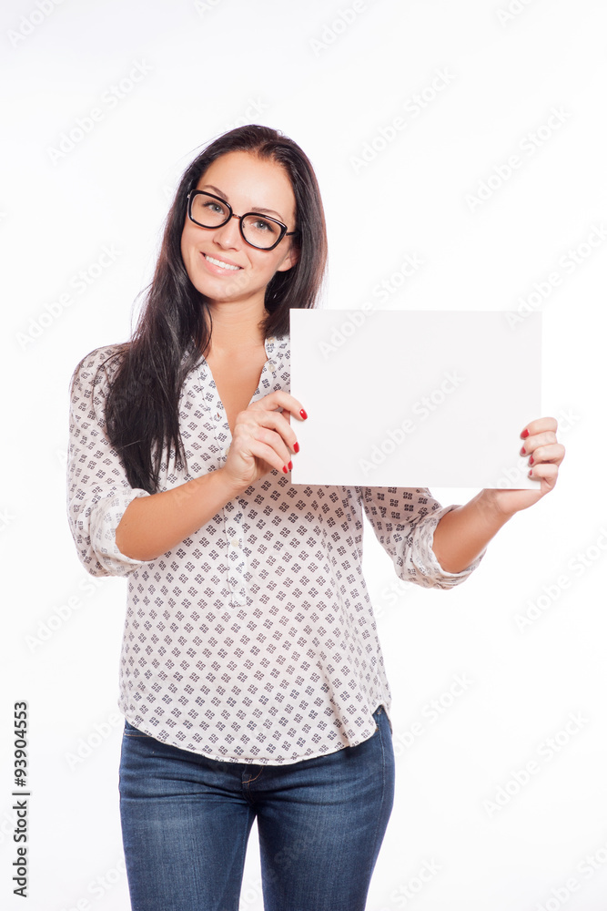 Portrait of cheerful beautiful woman showing blank signboard wit Portrait of cheerful beautiful woman showing blank signboard wit