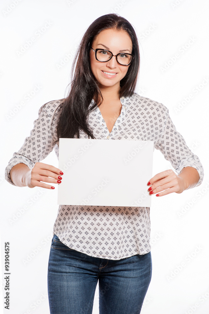 Portrait of cheerful beautiful woman showing blank signboard wit Portrait of cheerful beautiful woman showing blank signboard wit