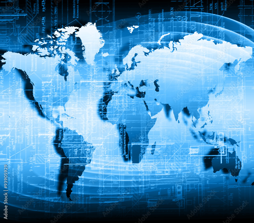 World map on a technological background, glowing lines symbols World map on a technological background, glowing lines symbols
