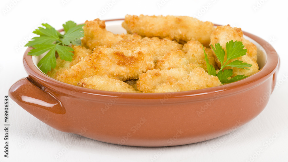 Chicken Goujons- Breaded and deep fried chicken pieces.
Chicken Goujons- Breaded and deep fried chicken pieces.
