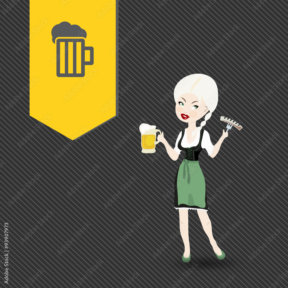 Sexy blond girl with beer and German sausage. Octoberfest icon s Sexy blond girl with beer and German sausage. Octoberfest icon s