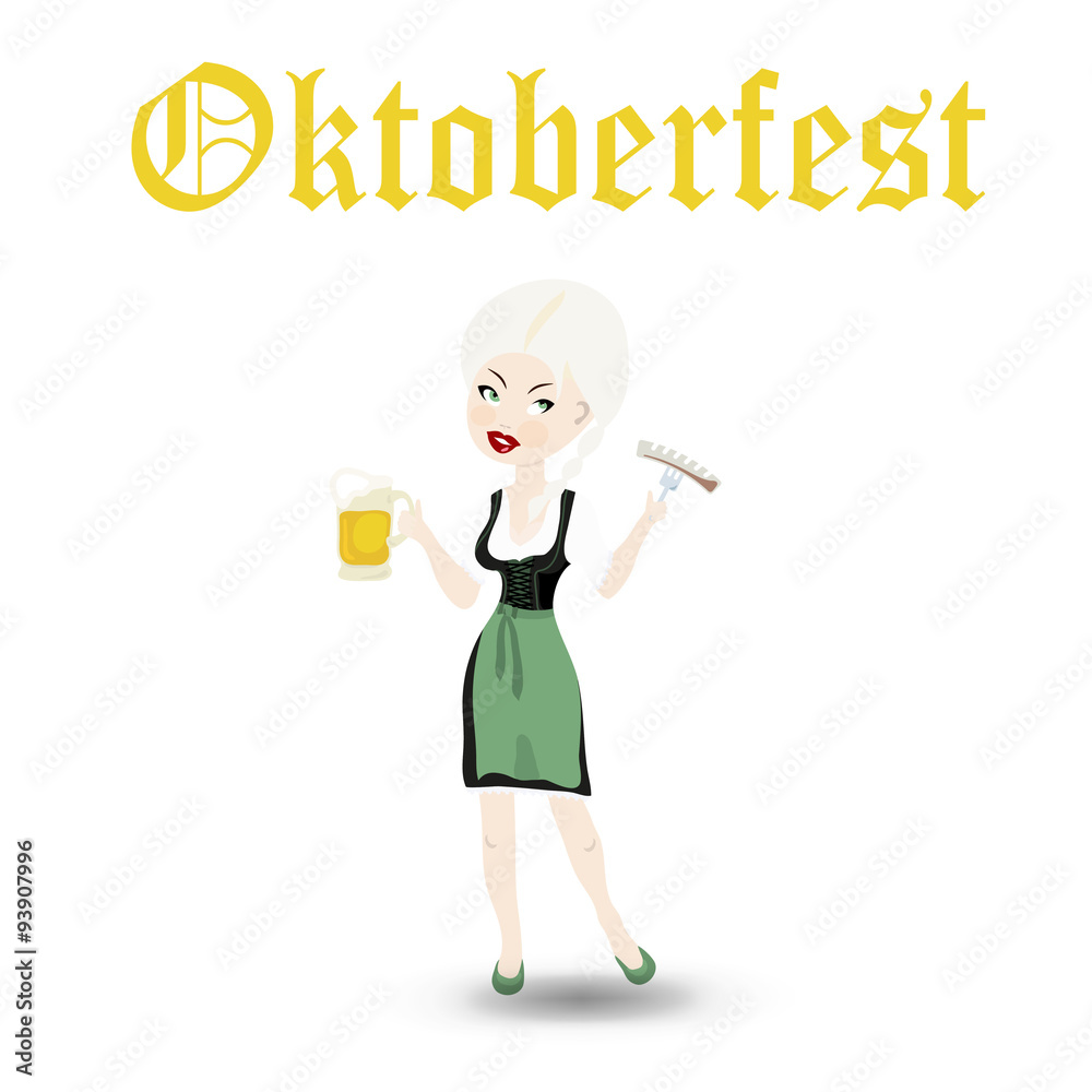 Sexy blond girl with beer and German sausage. Octoberfest icon s Sexy blond girl with beer and German sausage. Octoberfest icon s