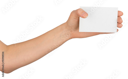 Womans left hand with blank card