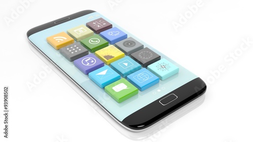 Smartphone with apps in shape of a beveled square, isolated on white background.