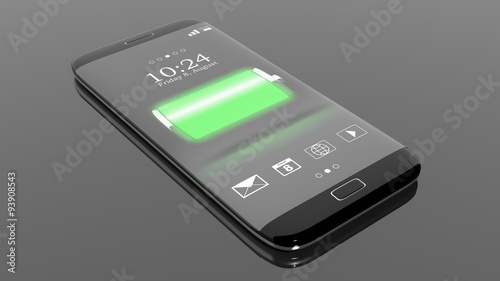 Smartphone with full battery indicator on screen, isolated on black