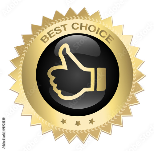Best choice seal or icon with red banner and thumbs up symbol. Glossy golden seal or button with stars..