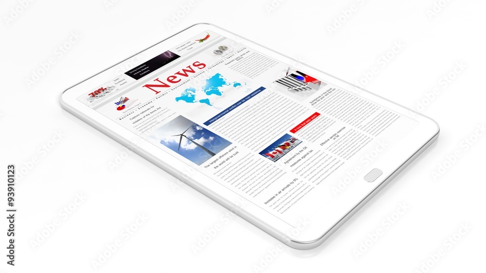 Tablet with News Website on screen,isolated on white.