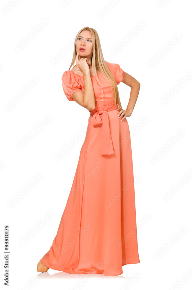 Young woman in pink romantic dress isolated on white Young woman in pink romantic dress isolated on white
