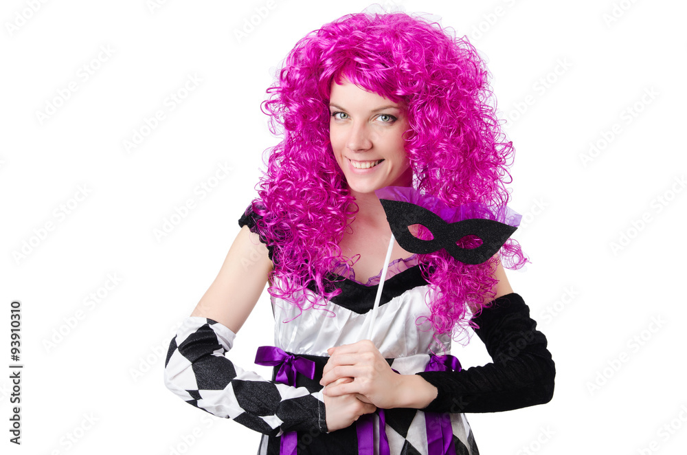 Pretty girl in jester costume isolated on white Pretty girl in jester costume isolated on white