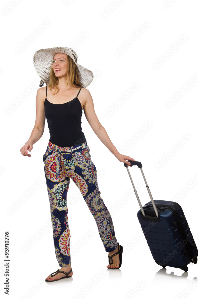 Woman ready for summer travel isolated on white Woman ready for summer travel isolated on white