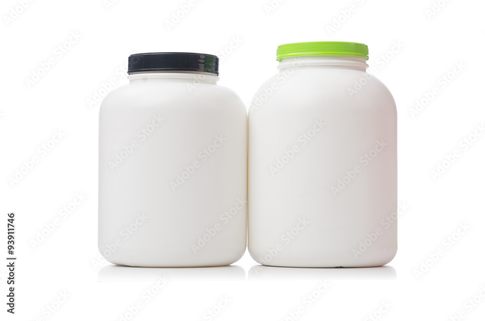 Jars with food additive protein isolated on white Jars with food additive protein isolated on white