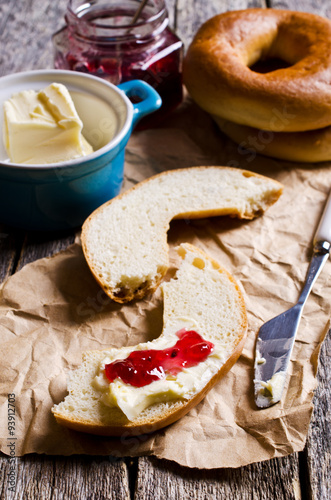 Bagel with butter and jam