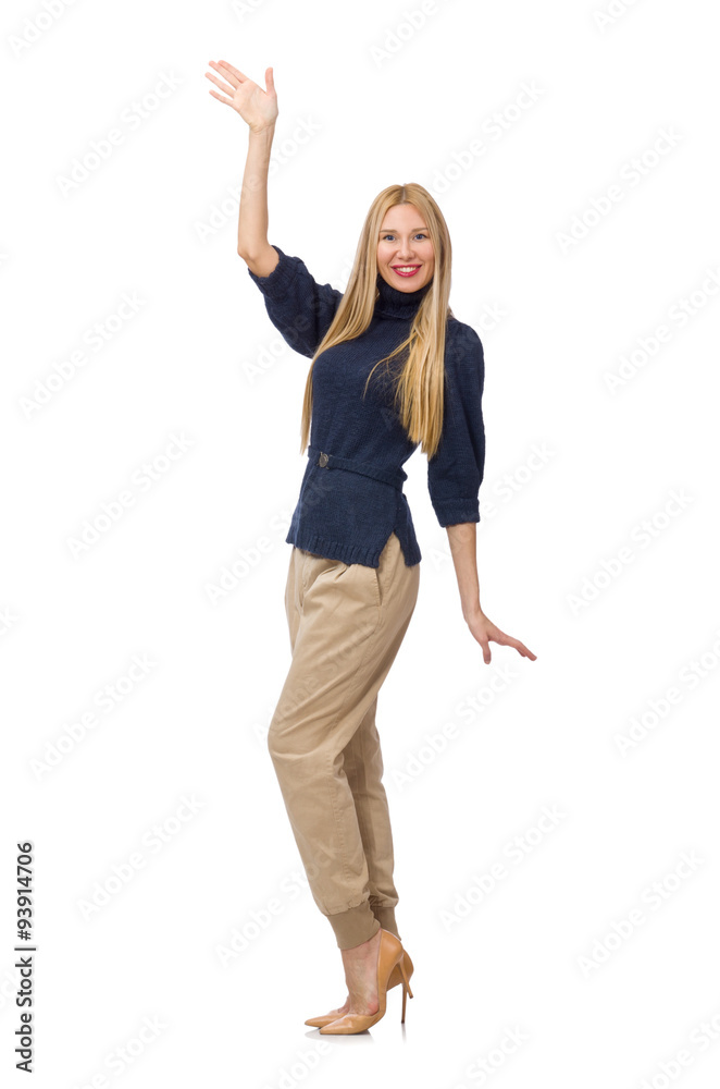 Tall woman in blue pullover isolated on white