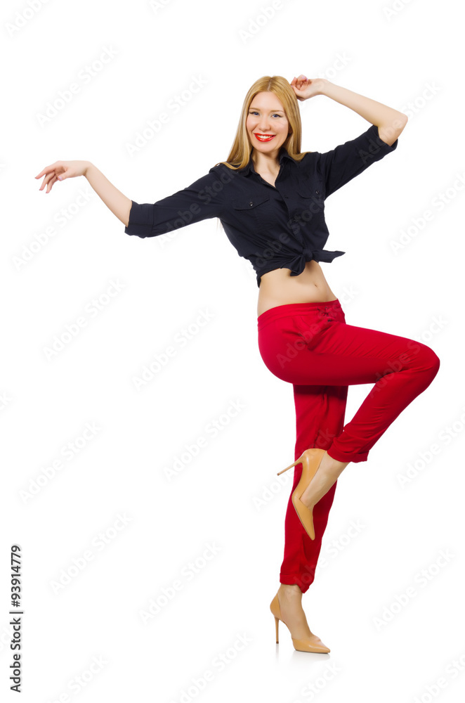 Woman in red pants isolated on white Woman in red pants isolated on white