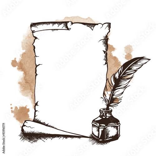 Hand-drawn paper scroll, feather and inkwell. Vector illustration