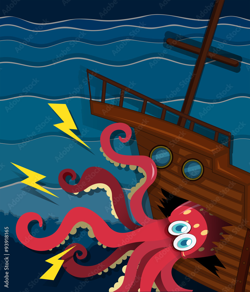 Naklejka premium Giant octopus crashing a ship
