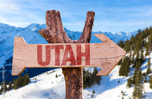 Utah wooden sign with winter background photo