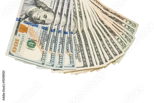 Set of 100 dollar banknotes isolated on white background with clipping path