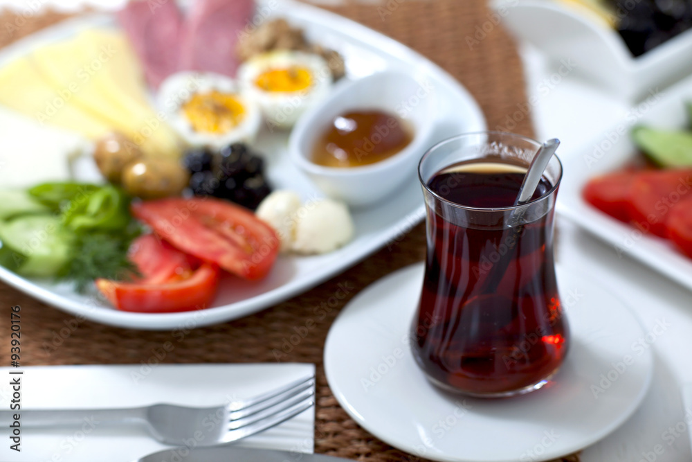 Rich and delicious Turkish breakfast on white wood table Rich and delicious Turkish breakfast on white wood table