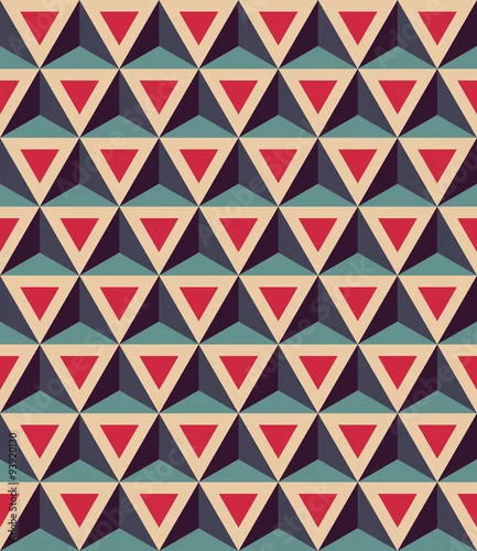 Tapety Wektor nowoczesny bez szwu kolorowy wzór geometrii, trójkąty 3D, kolor czerwony niebieski, streszczenie tło geometryczne, modny druk wielobarwny, retro tekstura, projektowanie mody hipster