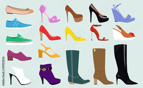 Set with different types of trend women's shoes: ballets, sneakers, boots, flats, pumps, converse. Flat vector illustration 