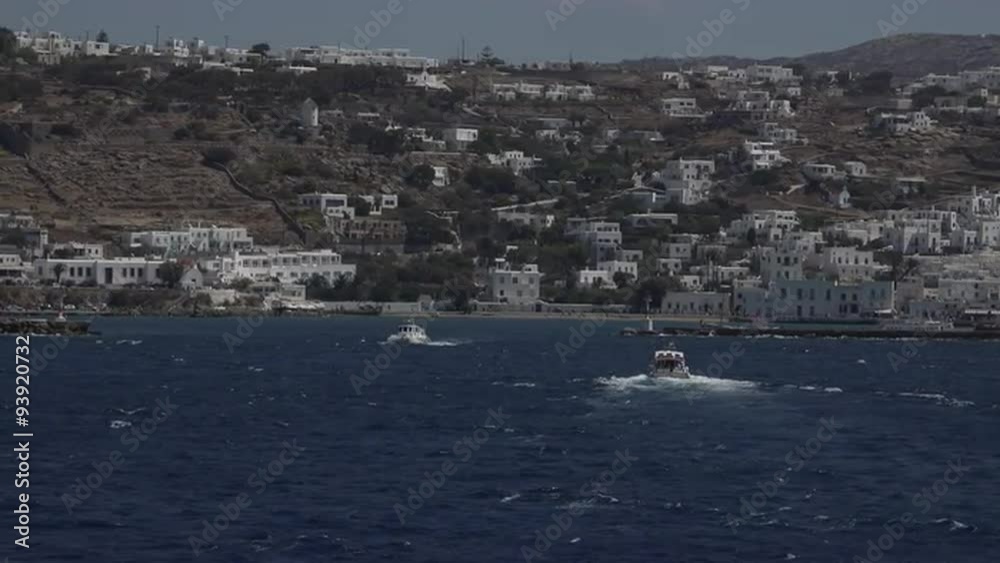 Mykonos Greece ferry boats in Mediterranean Ocean 4K 116