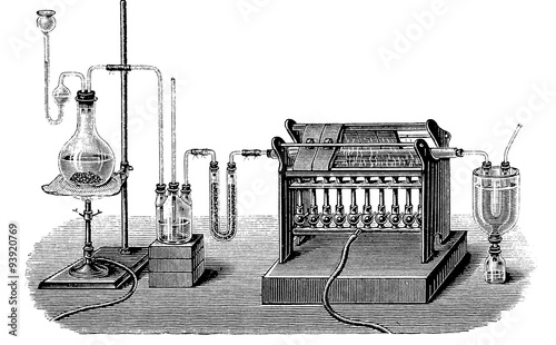 Vintage engraving, lab production of silicon tetrachloride SiCl4