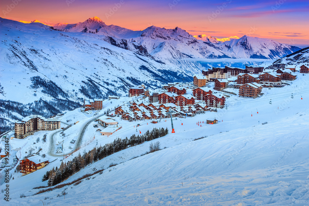 Amazing sunrise and ski resort in the French Alps,Europe