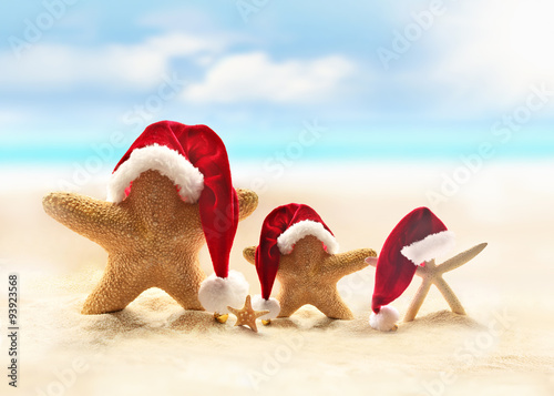 Family of starfish on summer beach and santa hat. Merry Christmas photo