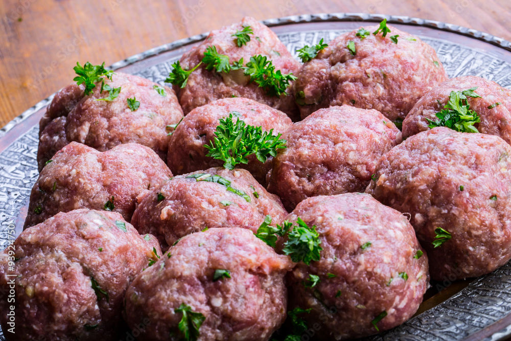 Meat balls. Italian and Mediterranean cuisine. Meat balls with spaghetti and tomato sauce. traditional kitchen. 