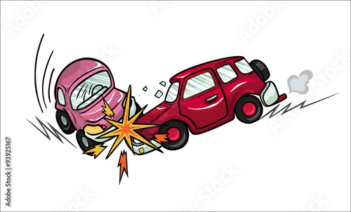 Illustration of two cartoon cars involved in a car wreck. Isolated on white background. 