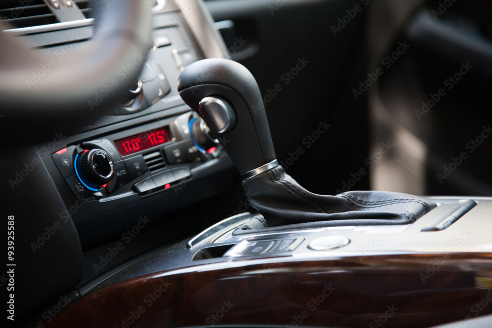 Modern car interior, gearstick close up photo Modern car interior, gearstick close up photo