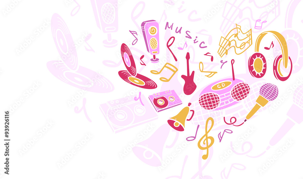 Template musical objects. Stylized illustration of a tape recorder, microphone, music, guitar, headphones, audio cassettes, compact discs, speakers.
