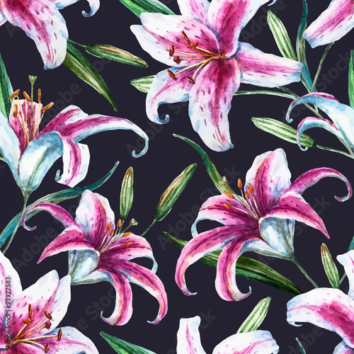 Vector tropical watercolor lilly pattern
