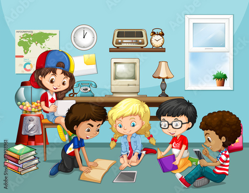Many children working in classroom